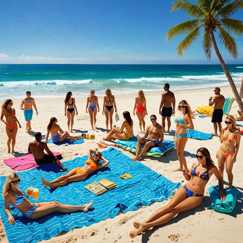 A beach scene showcasing a diverse group of people in stylish swimwear, each representing different financial lifestyles, like savvy investors and carefree spenders. Display a graph and dollar bills subtly in the background, illustrating the balance between leisure and finances. The sun shining down, with vibrant ocean waves, evokes a sense of freedom and joy. Emphasize bright colors and a hopeful atmosphere. super-realistic. vibrant colors.