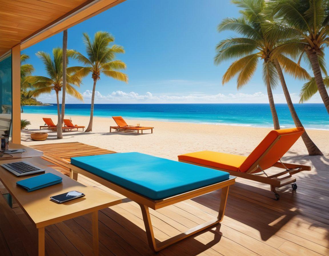 A split scene with a colorful beach setting on one side, featuring various stylish bathing suits on sun loungers and a calm ocean in the background, and on the other side, a modern office with a balance sheet on a polished desk, surrounded by financial documents and a laptop with charts displayed. Captivating contrast illustrating leisure versus financial responsibility. vibrant colors. super-realistic.