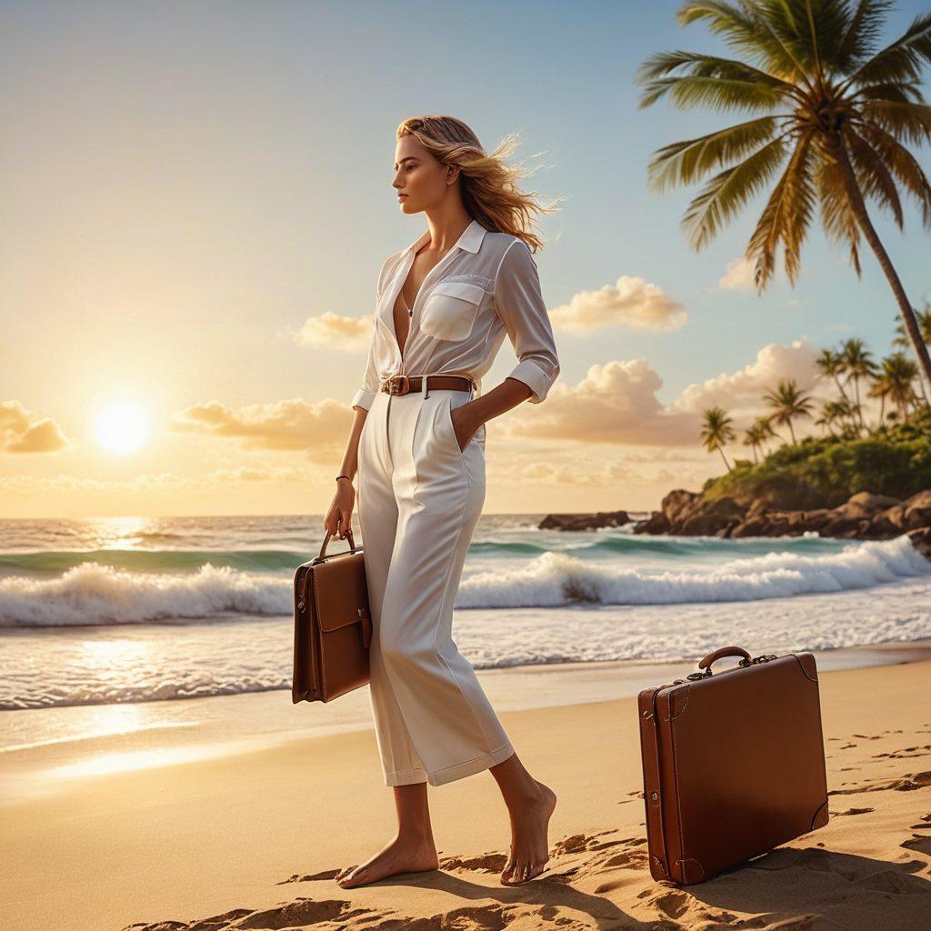 A stylish figure standing on a sunlit beach, wearing elegant beachwear, holding a briefcase filled with financial documents and beach accessories. The background features gentle ocean waves and palm trees, symbolizing leisure and wealth management. The figure exudes confidence, merging casual beach vibes with professional ambition. Bright colors and a sunny atmosphere enhance the theme of success and balance. super-realistic. vibrant colors. beach setting.